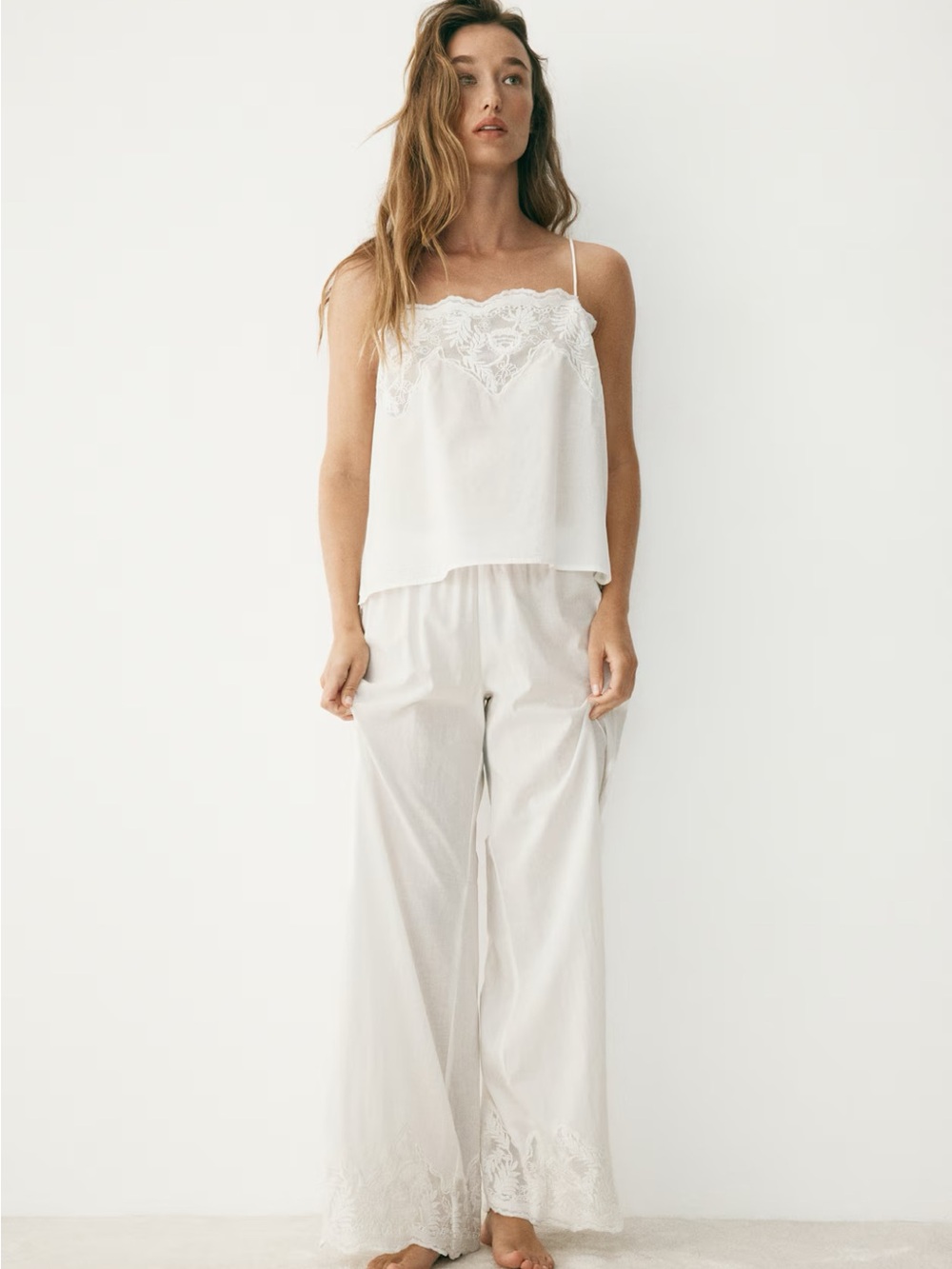 H&M White Lace-Trim Camisole & Wide-Leg Pajama Set